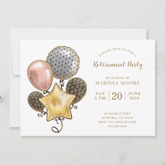 Retirement Party Rose Gold Silver Gold Balloons Invitation (Front)