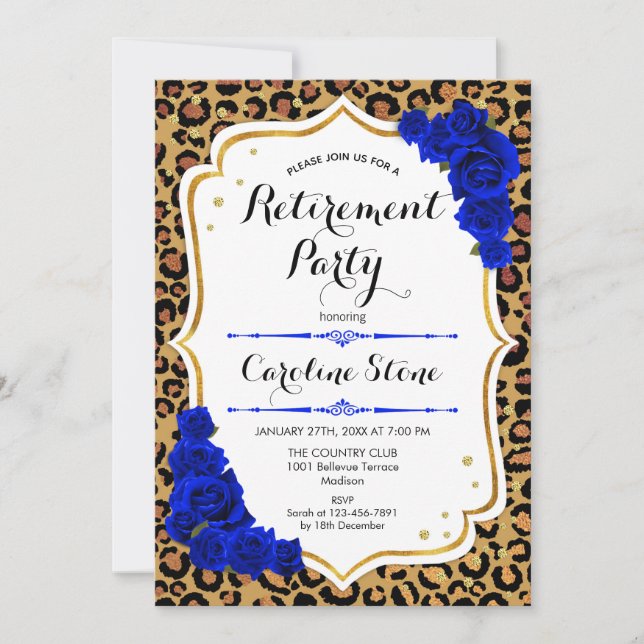 Retirement Party - Royal Blue Gold Leopard Print Invitation (Front)