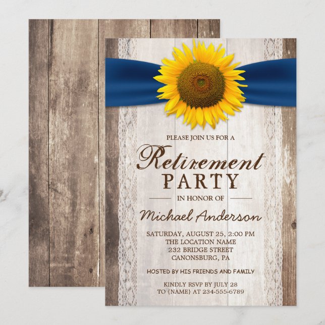 Retirement Party Rustic Barn Wood Sunflower Ribbon Invitation (Front/Back)