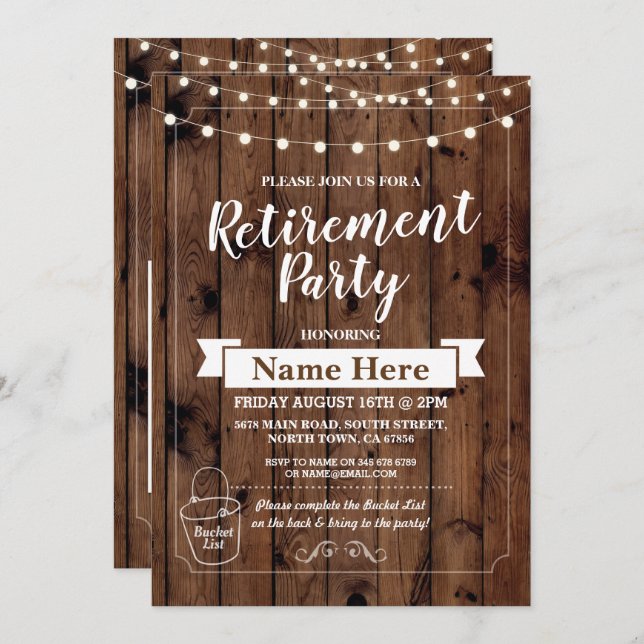 Retirement Party Rustic Bucket List Wood Invite (Front/Back)