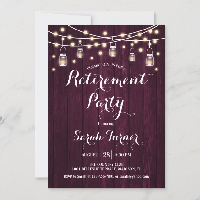 Retirement Party - Rustic Burgundy Maroon Wood Invitation (Front)