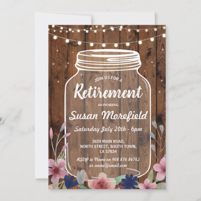 Retirement Party Rustic Jar Wood Floral Invite (Front)