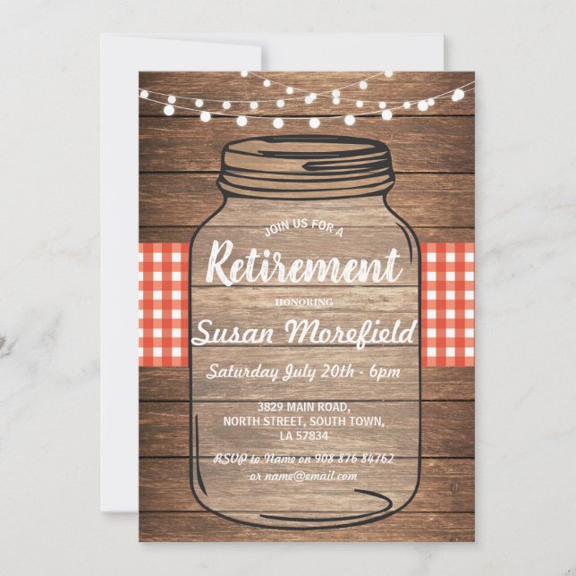 Retirement Party Rustic Jar Wood Red Gingham Invitation (Front)