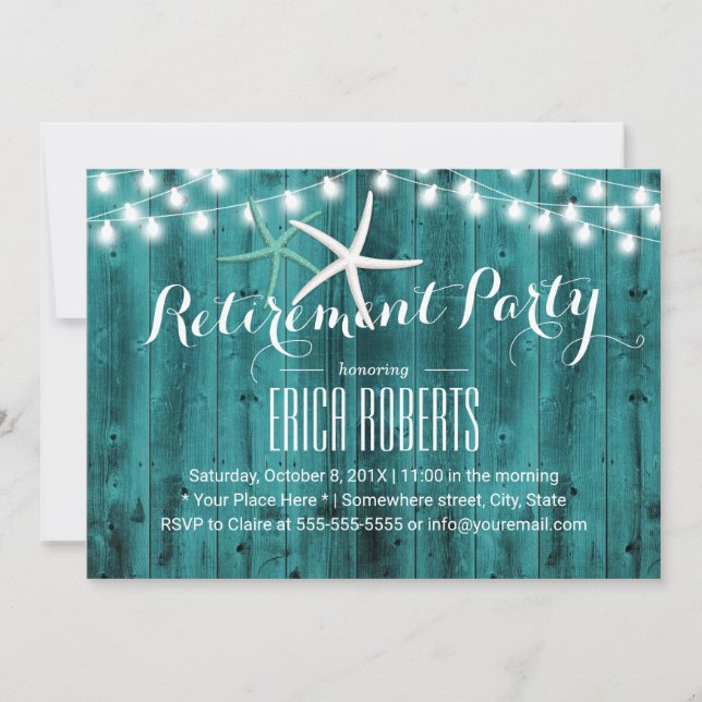 Retirement Party Rustic Teal Beach Starfish Invitation (Front)