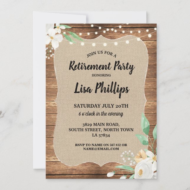 Retirement Party Rustic White Flowers Wood Burlap Invitation (Front)