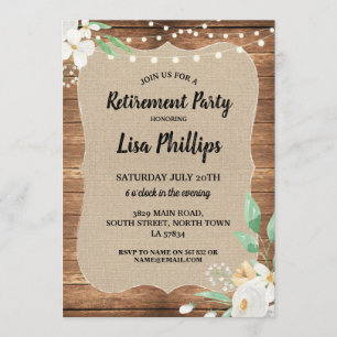 Retirement Party Rustic White Flowers Wood Burlap Invitation