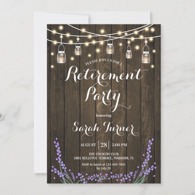 Retirement Party - Rustic Wood, Lavender, Lights Invitation (Front)
