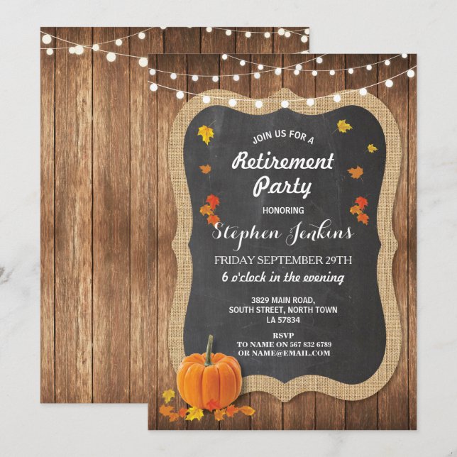 Retirement Party Rustic Wood Pumpkin Chalk Invite (Front/Back)