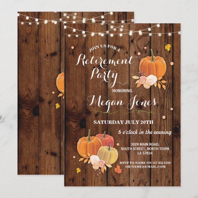 Retirement Party Rustic Wood Pumpkin Invite Lights (Front/Back)