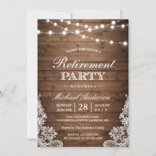 Retirement Party   Rustic Wood String Lights Lace Invitation