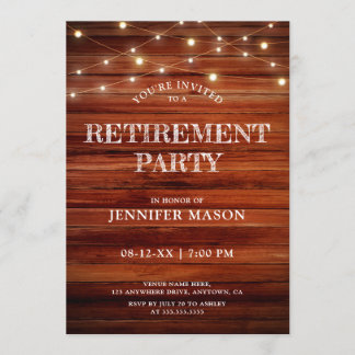 Retirement Party Rustic Wood String Lights Simple Invitation