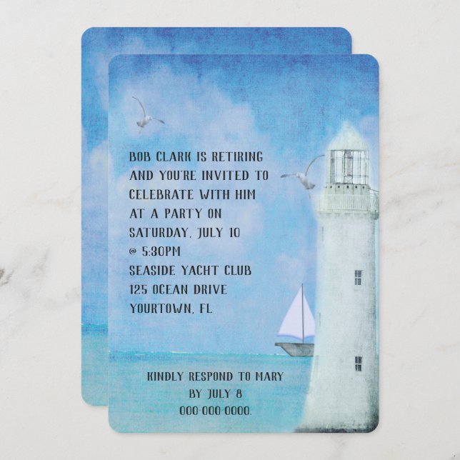 Retirement Party-sailboat  and ocean lighthouse Invitation (Front/Back)