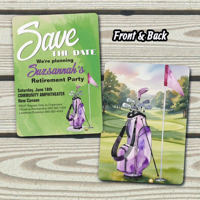 Retirement Party Save The Date Watercolor Golf Bag (Template front save the date announcement with matching art on the back. )