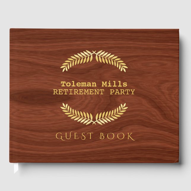 Retirement Party Sign In | Elegant Wood Grain Look Guest Book (Front)