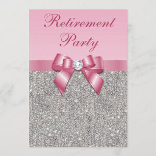 Retirement Party Silver Jewels Pink Faux Bow Invitation
