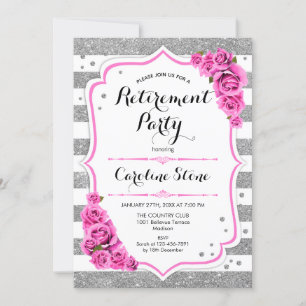 Retirement Party - Silver White Stripes Pink Roses Invitation