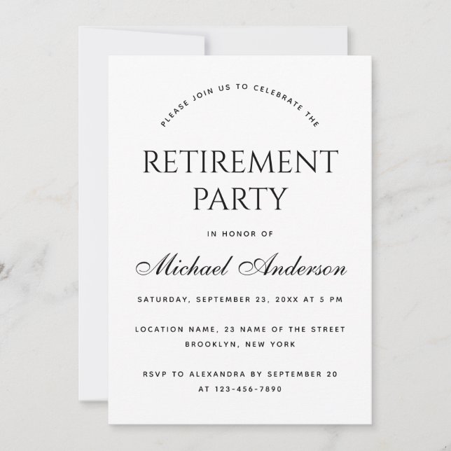 Retirement Party Simple Black and White Minimalist Invitation (Front)