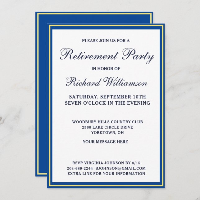 Retirement Party Simple Blue Gold Invitation (Front/Back)