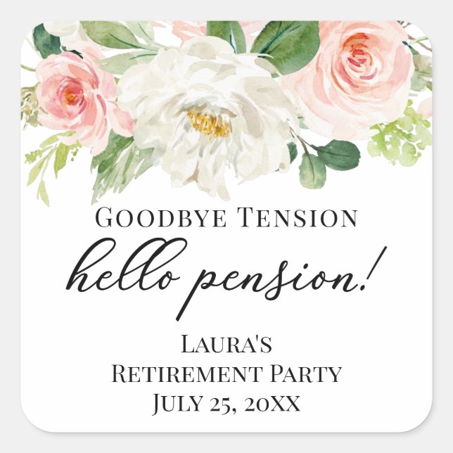 Retirement party stickers, pink and ivory flowers square sticker (Front)