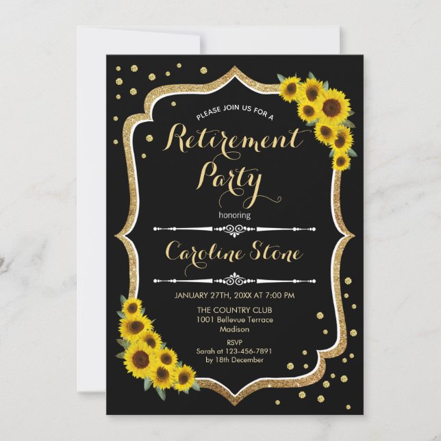 Retirement Party - Sunflowers Black Gold Invitation (Front)