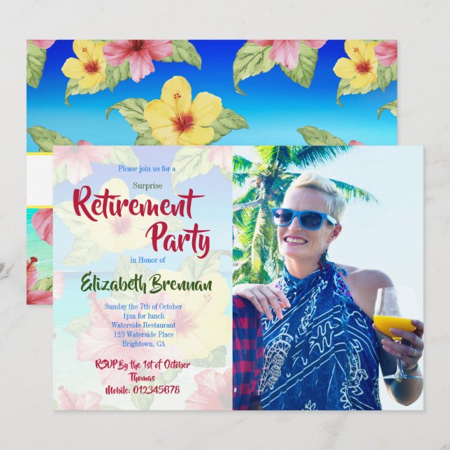 Retirement Party Tropical Flower Hibiscus Photo Invitation (Front/Back)