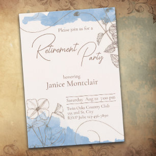 Retirement Party Watercolor Floral Blue And Brown Invitation
