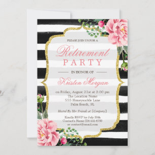 Retirement Party Watercolor Floral Gold Glitter Invitation