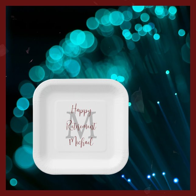Retirement Party White Grey Burgundy Name Monogram Paper Plate (Creator Uploaded)