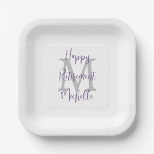 Retirement Party White Grey Purple Name Monogram Paper Plate