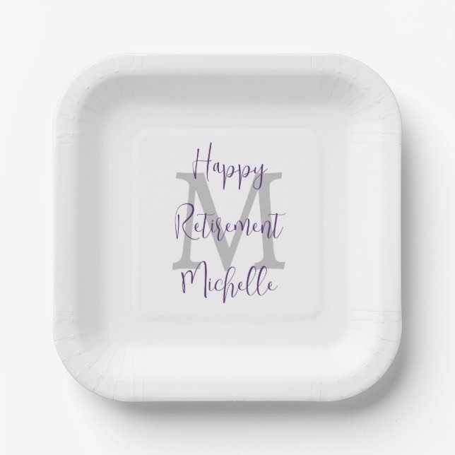 Retirement Party White Grey Purple Name Monogram Paper Plate (Front)