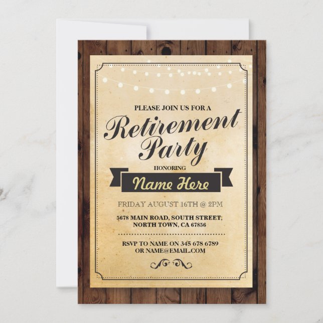 Retirement Party Wood Retired Lights Invitation (Front)