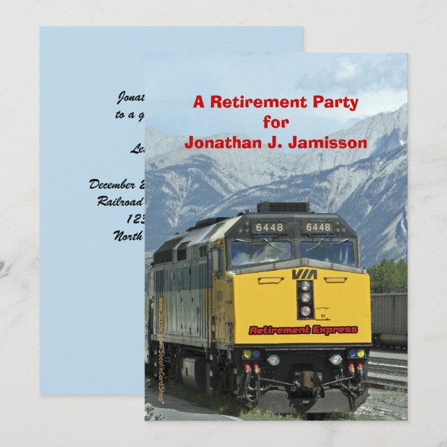 Retirement Party, Yellow Railroad Train Engine Invitation (Front/Back)