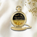 Retirement pharmacist black gold bow thank you pocket watch<br><div class="desc">Elegant,  classic,  glamourous and feminine. A gift for a retired female pharmacist.  A faux gold coloured bow and ribbon with golden glitter and sparkle,  a bit of bling and luxury. Black background. With the text: Thank You,  templates for a name and occupation,  profession.</div>