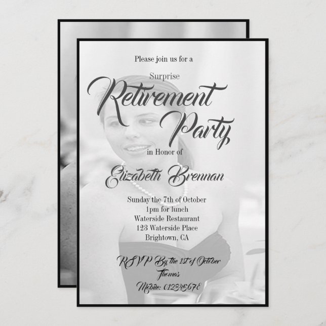 Retirement Photo Elegant  Black and White Stylish Invitation (Front/Back)
