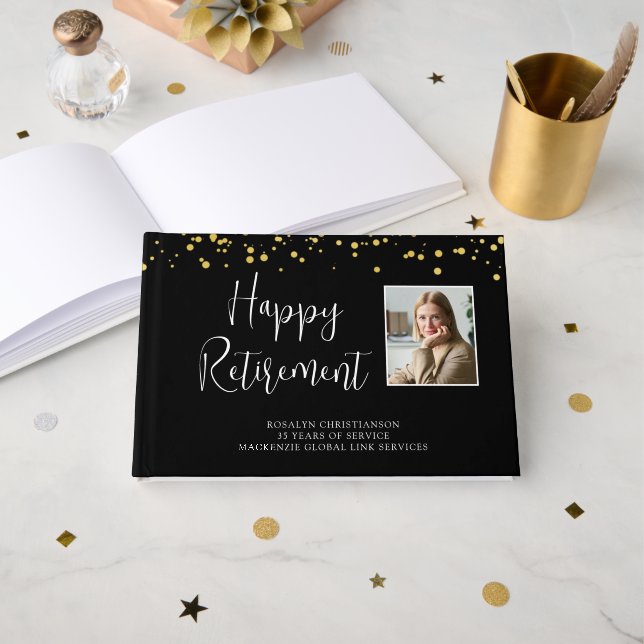 Retirement Photo Handwritten Script Confetti Guest Book (Front Open)