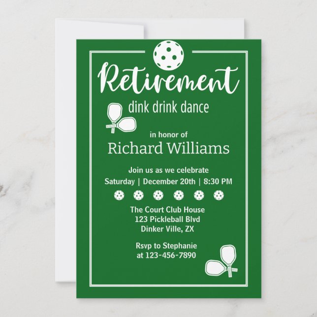 Retirement Pickleball Paddles Elegant Green  Invitation (Front)
