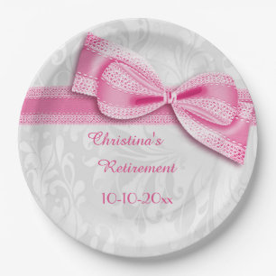 Retirement Pink Damask and Faux Bow Paper Plate