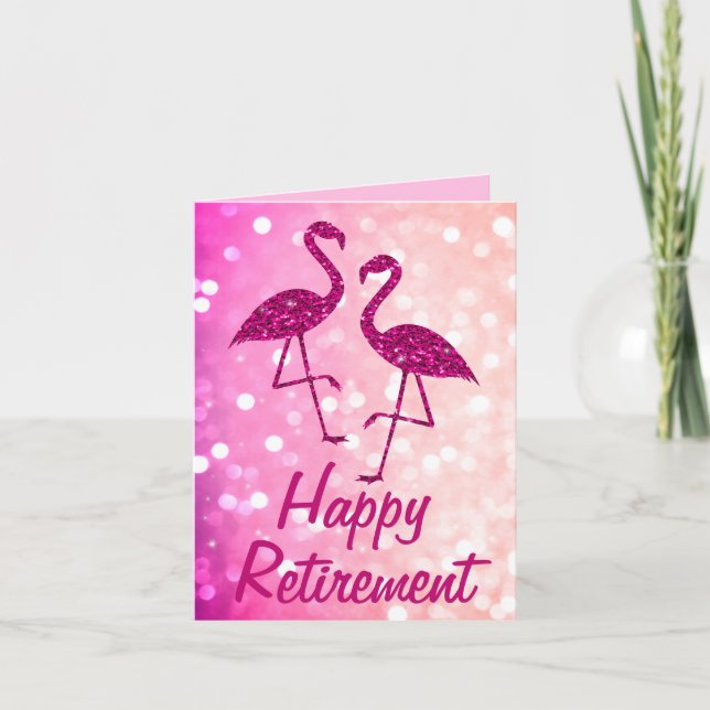 Retirement pink flamingo Custom text Greeting Card (Front)