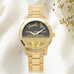 Retirement Postal Worker black gold thank you Watch<br><div class="desc">Elegant,  classic,  glamourous and feminine. A gift for a retired Postal Worker.  A faux gold coloured bow. Black background. With the text: Thank You,  templates for a name and occupation,  profession.</div>