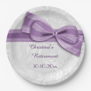 Retirement Purple Damask and Faux Bow Paper Plate