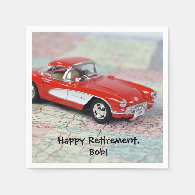retirement-red corvette sports car on road map napkin (Front)