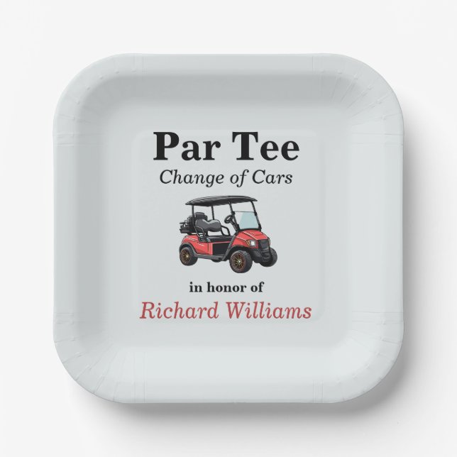 Retirement Red Golf Cart Par Tee Themed Paper Plate (Front)