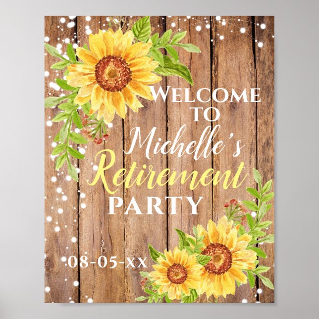 Retirement Rustic Floral Sunflower Party Welcome  Poster (Front)