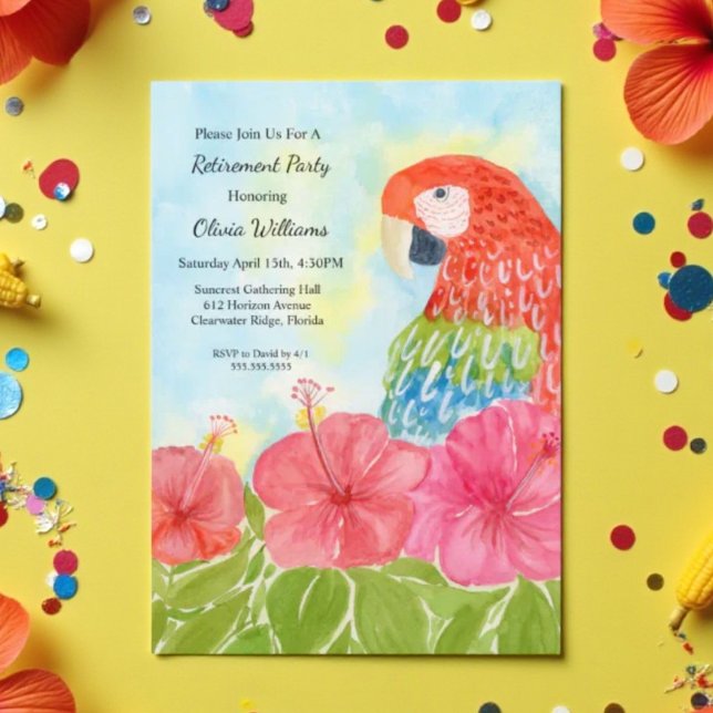 Retirement Scarlet Macaws and Pink Hibiscus  Invitation (Creator Uploaded)