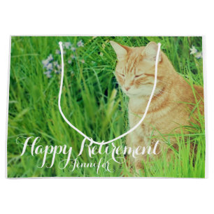 Retirement sleeping ginger cat in a meadow large gift bag
