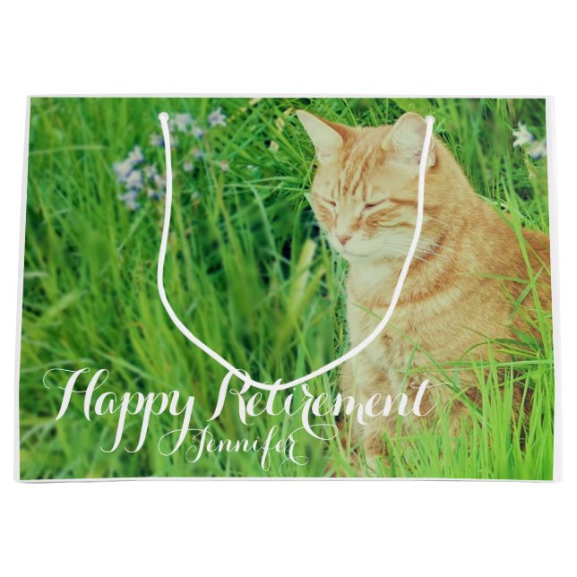 Retirement sleeping ginger cat in a meadow large gift bag (Front)
