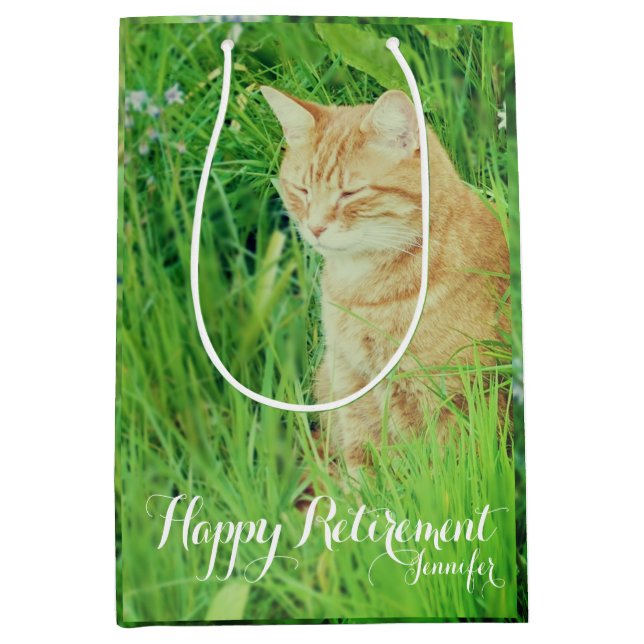 Retirement sleeping ginger cat in a meadow medium gift bag (Front)