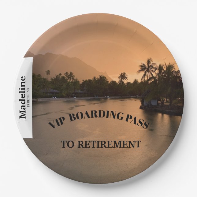 Retirement Sunset Beach Boarding Pass Destination  Paper Plate (Front)