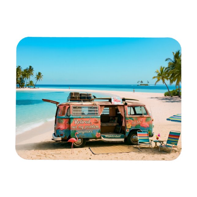 Retirement Themed Van on Tropical Beach Magnet (Horizontal)