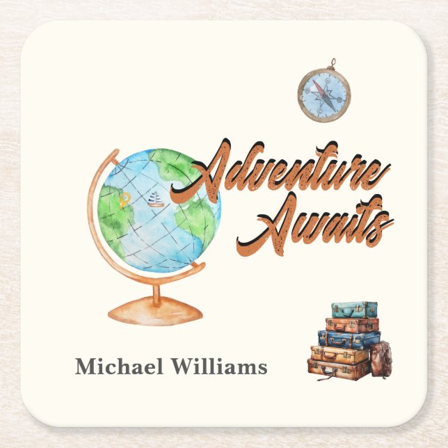 Retirement Travel Adventure Awaits Globe  Square Paper Coaster (Front)